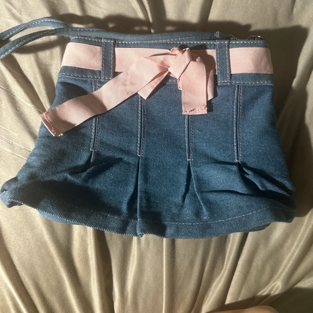 Denim Mini Skirt bag with Pink Ribbon handmade